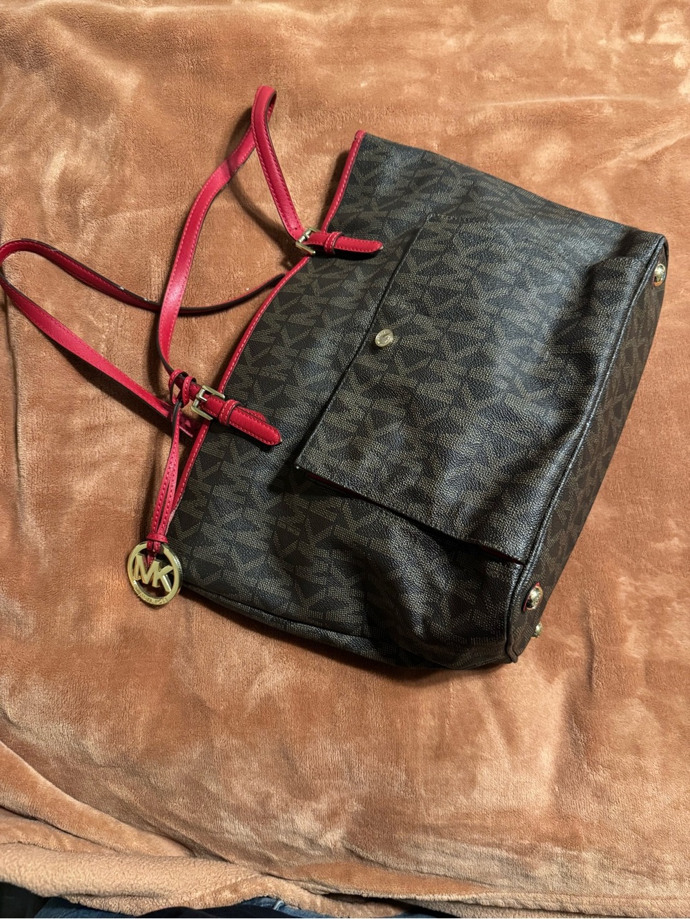 Michael Kors Brown Logo Tote with Pink Straps and Gold Charm